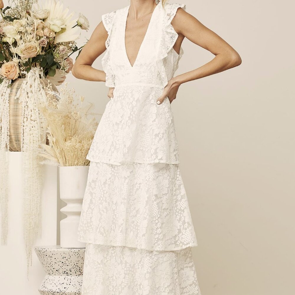 Lulu's White Lace Tiered Maxi Dress